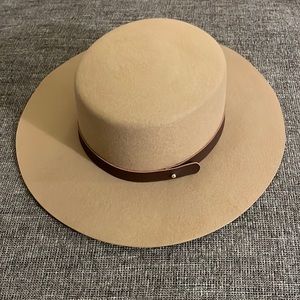 Gigi Pip Dahlia Wool Boater Hat in Tan with Removable Leather Band in Chocolate